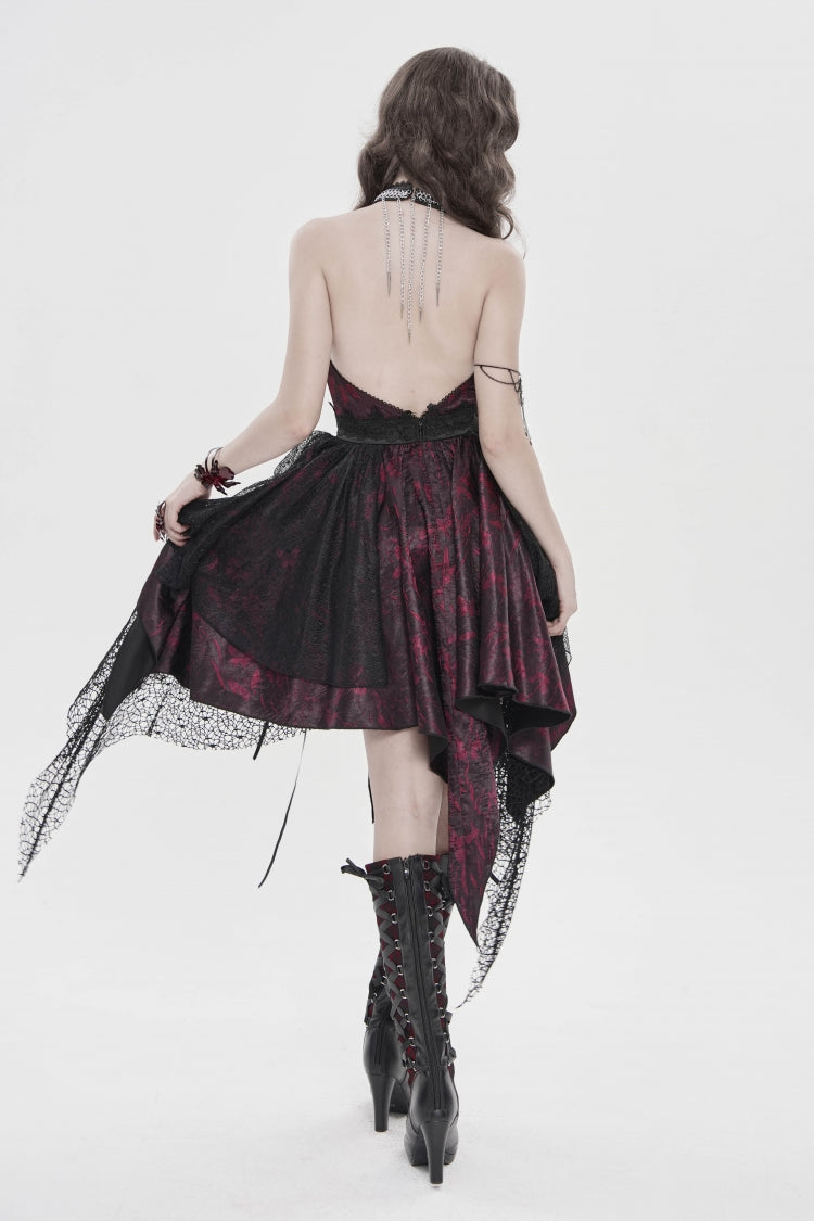 Crimson & Noir Strapless Layered Lace Tassel Gothic Dress with Print