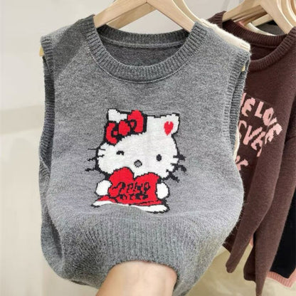 Gilet pull brodé avec motif chat de dessin animé KI640