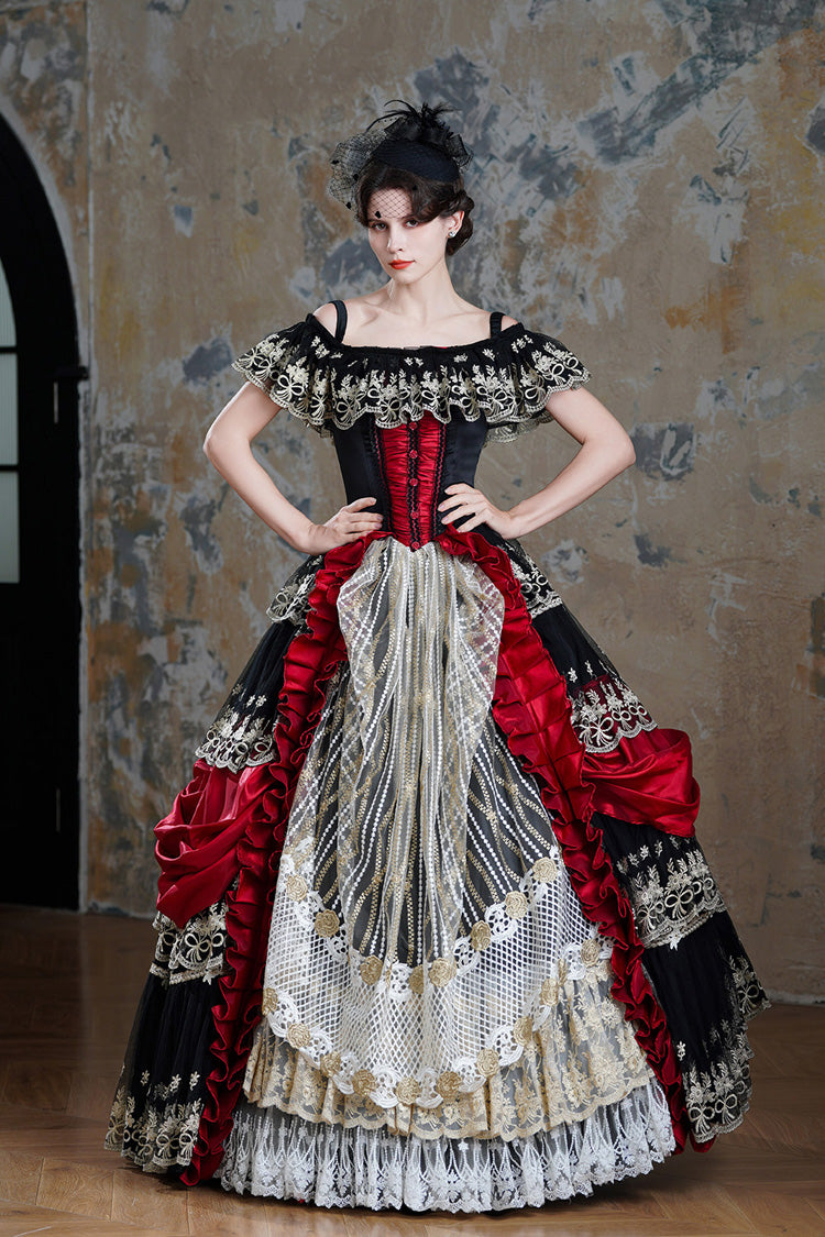 Crimson & Noir Off-Shoulder Short Sleeve Ruffled Mesh Victorian Lolita Palace Dress