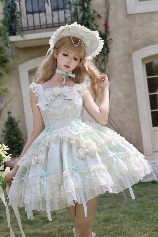 Emerald Blossoming Heart Love Sleeveless Dark Jacquard Print Bow Lace Sweet Lolita Jumper