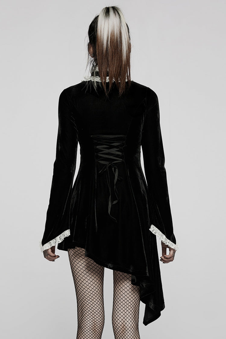 Flared Bell Sleeve Lace Patch Asymmetrical Gothic Gown - 2 Colors