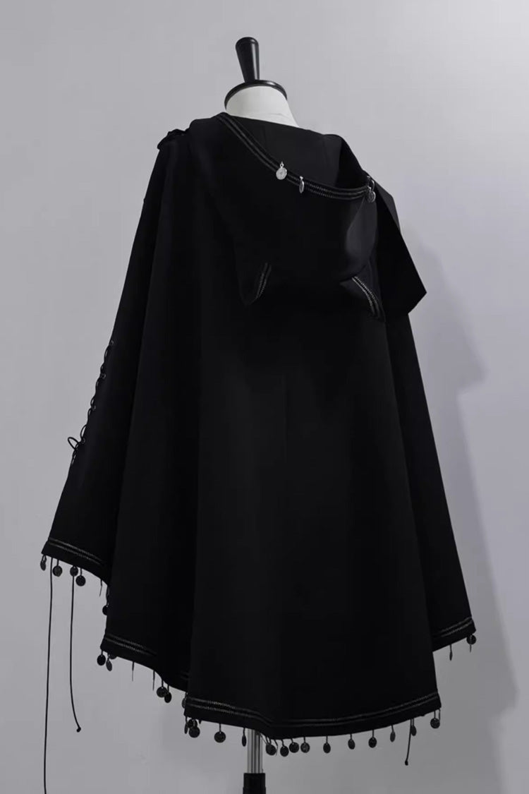Hooded Ouji Gothic Cloak with Cat Ears Embroidery - Black Cat