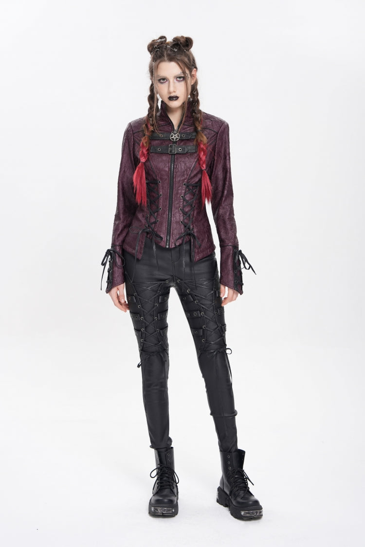 Burgundy Pentagram Buckle Punk Jacket