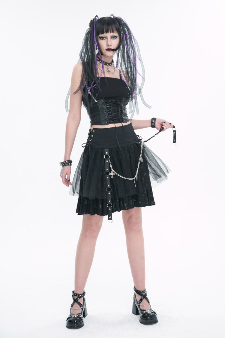 Women's Punk Skirt with Detachable Metal Chain and Cross Print Side Straps