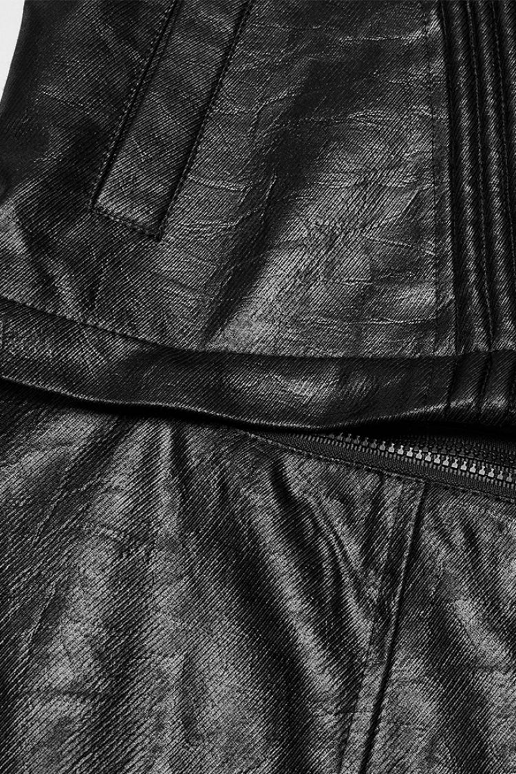 Men's Punk Coat with Ruched Faux Leather, Hooded and Detachable, Long Sleeve
