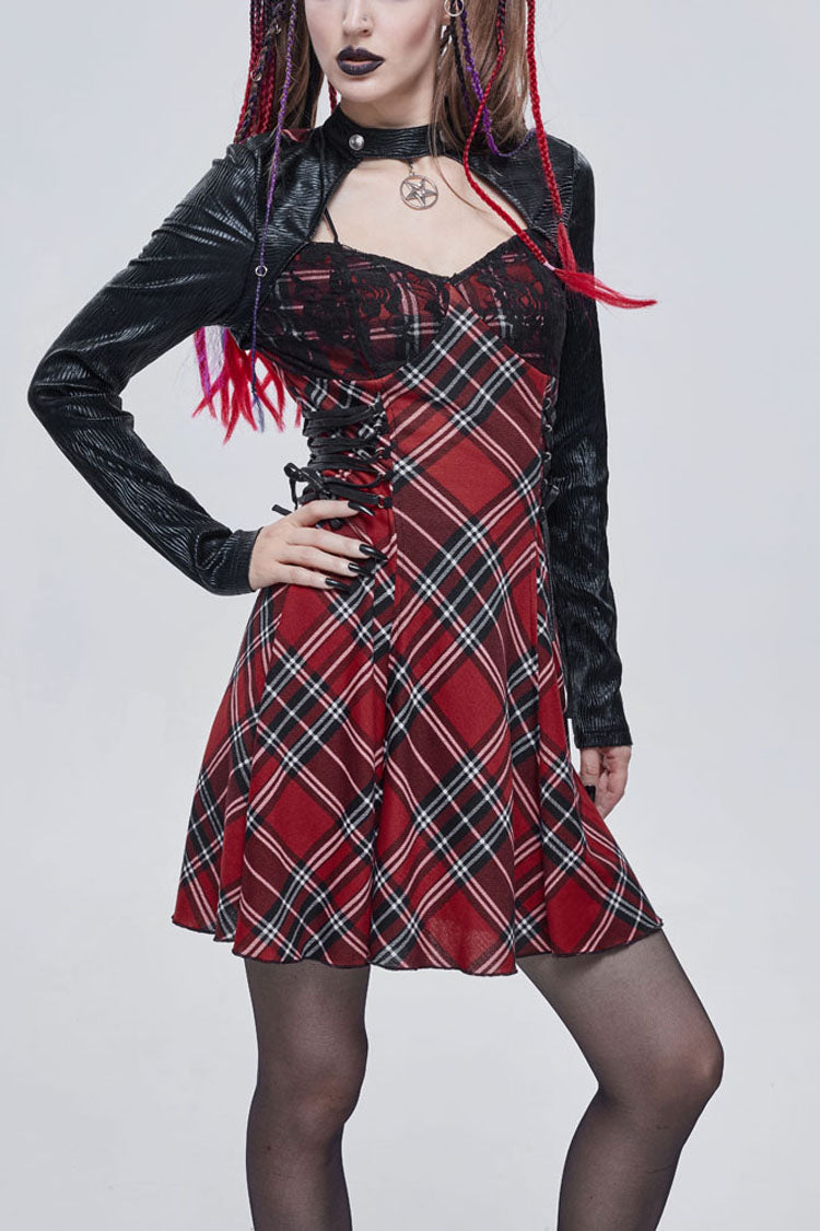 Scarlet Plaid Knit Dress with Side Straps and Pentagram Hardware