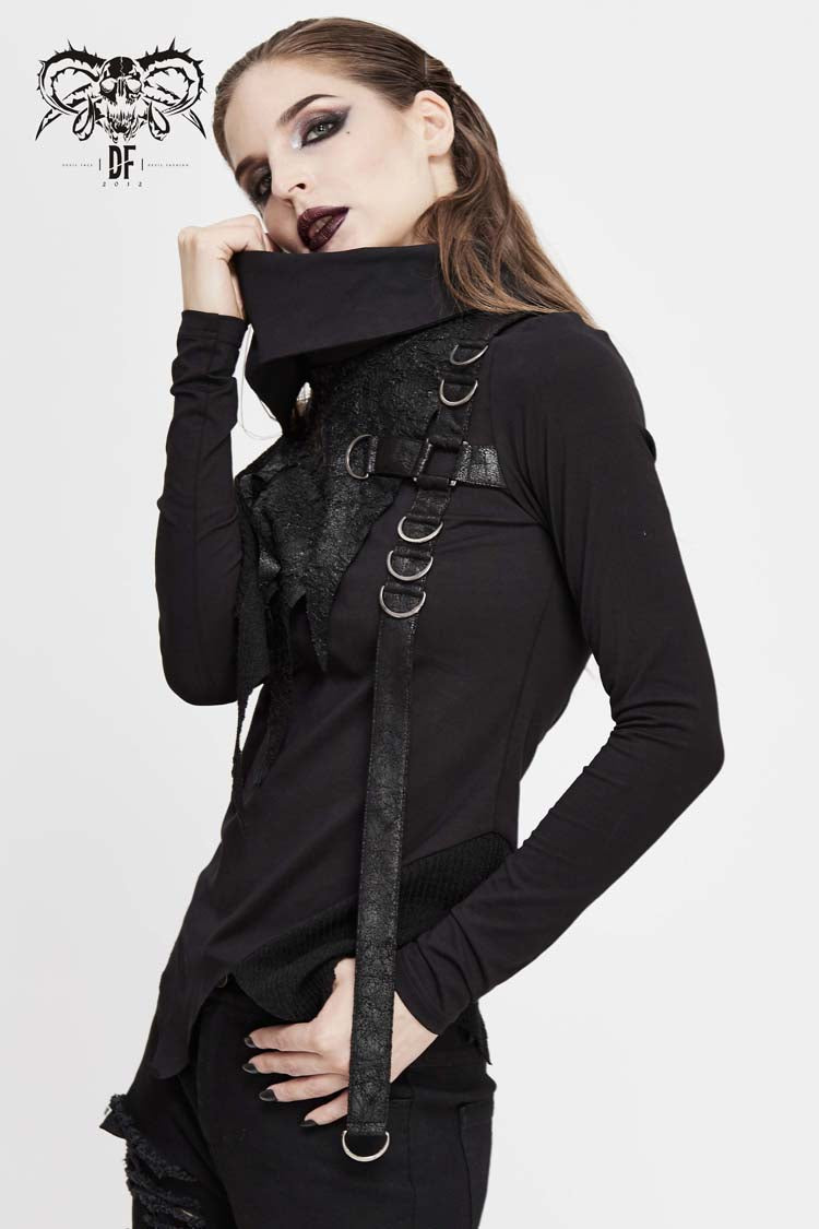 Women's Punk Tee with Cross Clasp and Asymmetric Hem - Noir