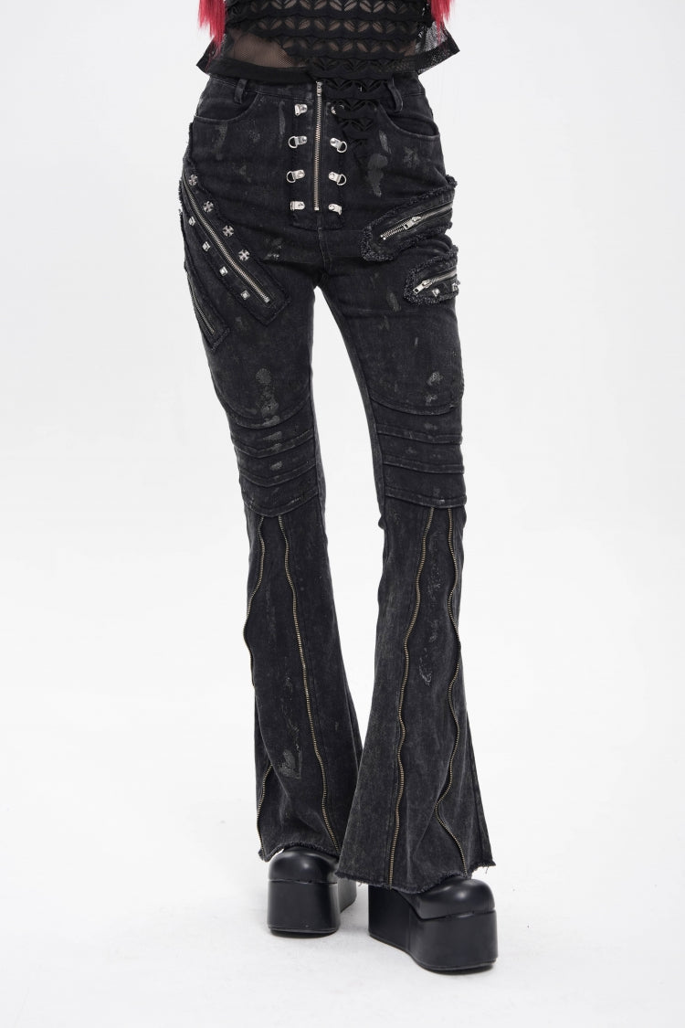 Edgy Flared Trousers with Zips and Pleats for Women - Noir