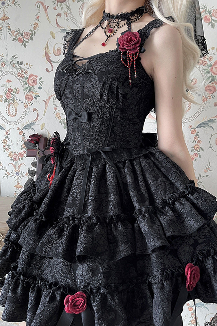 Crying Rose Double-Layer Ruffled Embroidered Bow Lace Gothic Ballet Lolita Skirt Set in 4 Shades