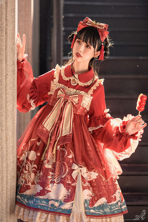 Crimson Lapel Wave-Print Bow Lace Ruffle Sweet Lolita Dress