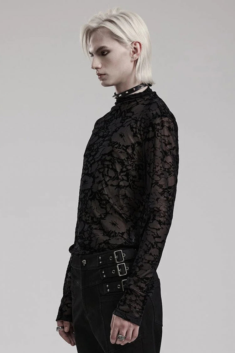 Sheer Mesh Gothic Tee with Print for Men, Long-Sleeve Lightweight Top