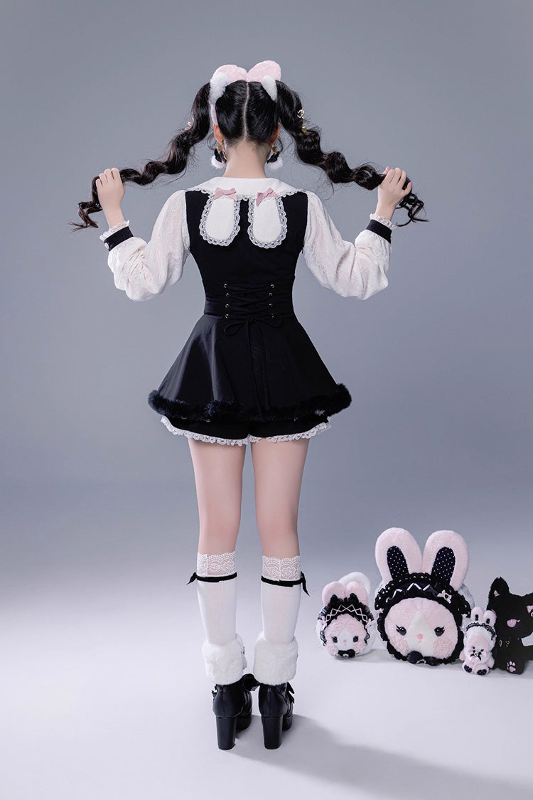 Jirai Kei Long-Sleeve Lace-Up Set with Ruffle Bow and Plush Shorts, Japanese Style