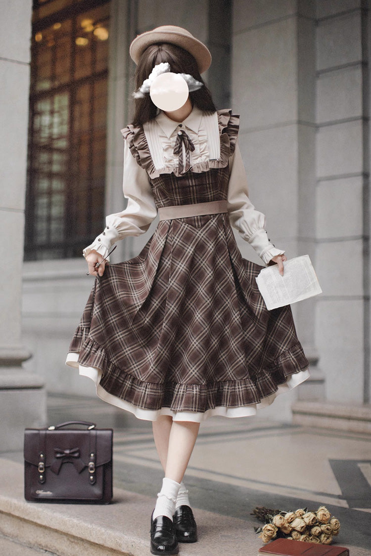 Vintage College Style Lolita Dress with Ruffle Sleeves and Print