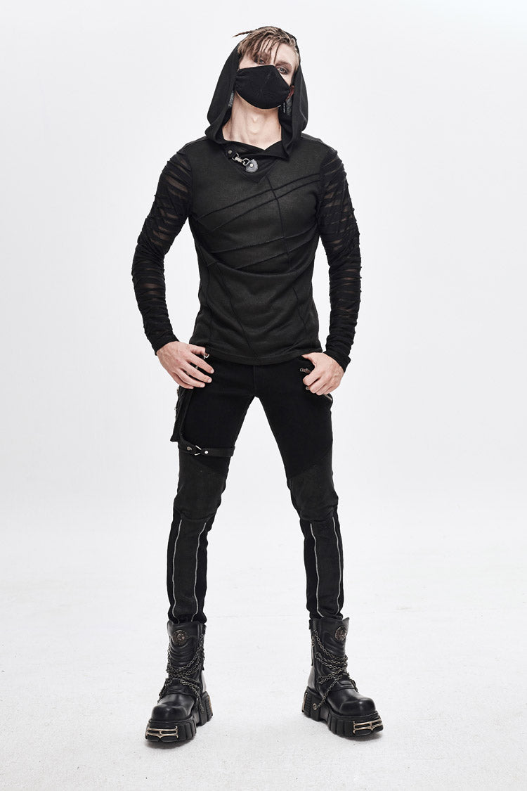 Men's Punk T-Shirt with Hood and Metal Button Striped Patchwork