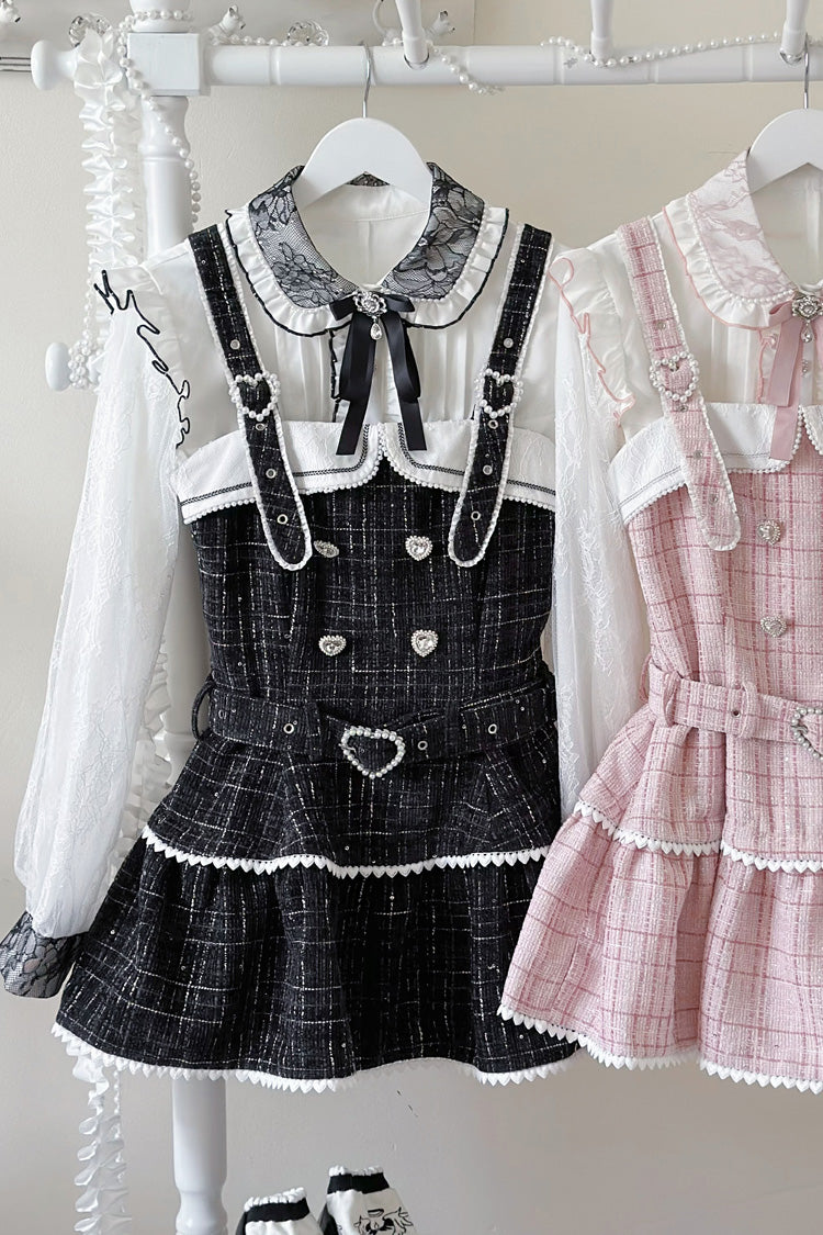 Pearl-Adorned Tartan Jirai Kei Japanese Dress Set