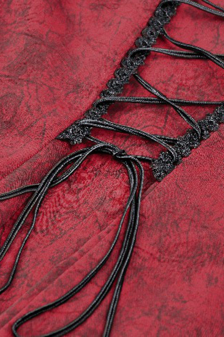 Crimson Gothic Blouse with Frilly Lace and Long Hime Sleeves