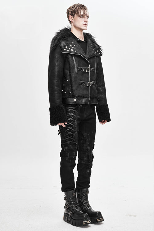 Warm Short Punk Jacket with Wool Collar for Men - Noir