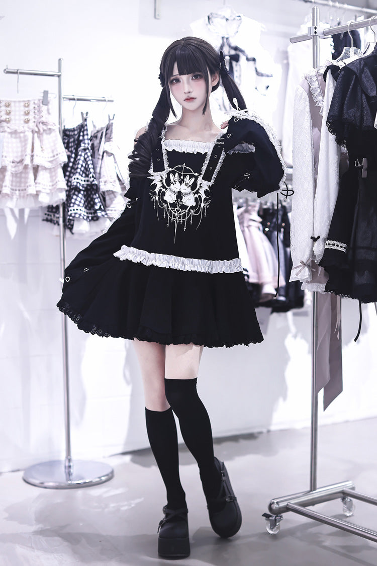 Off-Shoulder Ruffled Embroidered Punk Jirai Kei Dress - Bandage Bunny