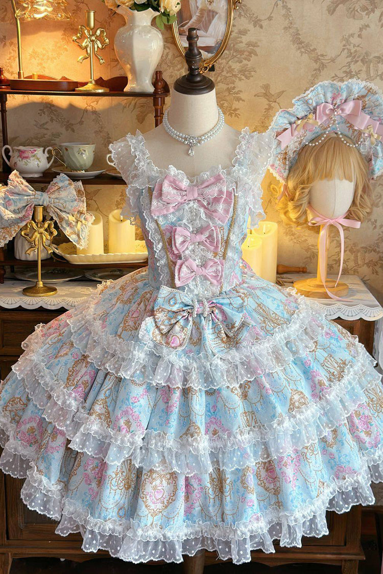 Triple-Layered Floral Wall Print Ruffled Bow JSK - Candelabrum Elegy