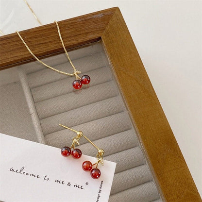 18K Gold Crystal Cherry Pendant Necklace Earrings Set