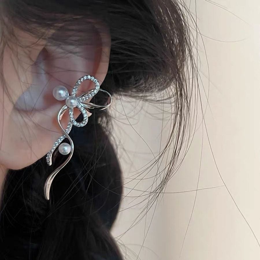 Dainty Inlaid Pearl Charm Ribbon Ear Cuff Earrings