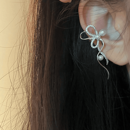 Dainty Inlaid Pearl Charm Ribbon Ear Cuff Earrings