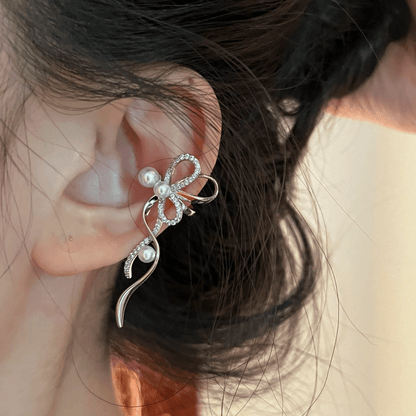 Dainty Inlaid Pearl Charm Ribbon Ear Cuff Earrings