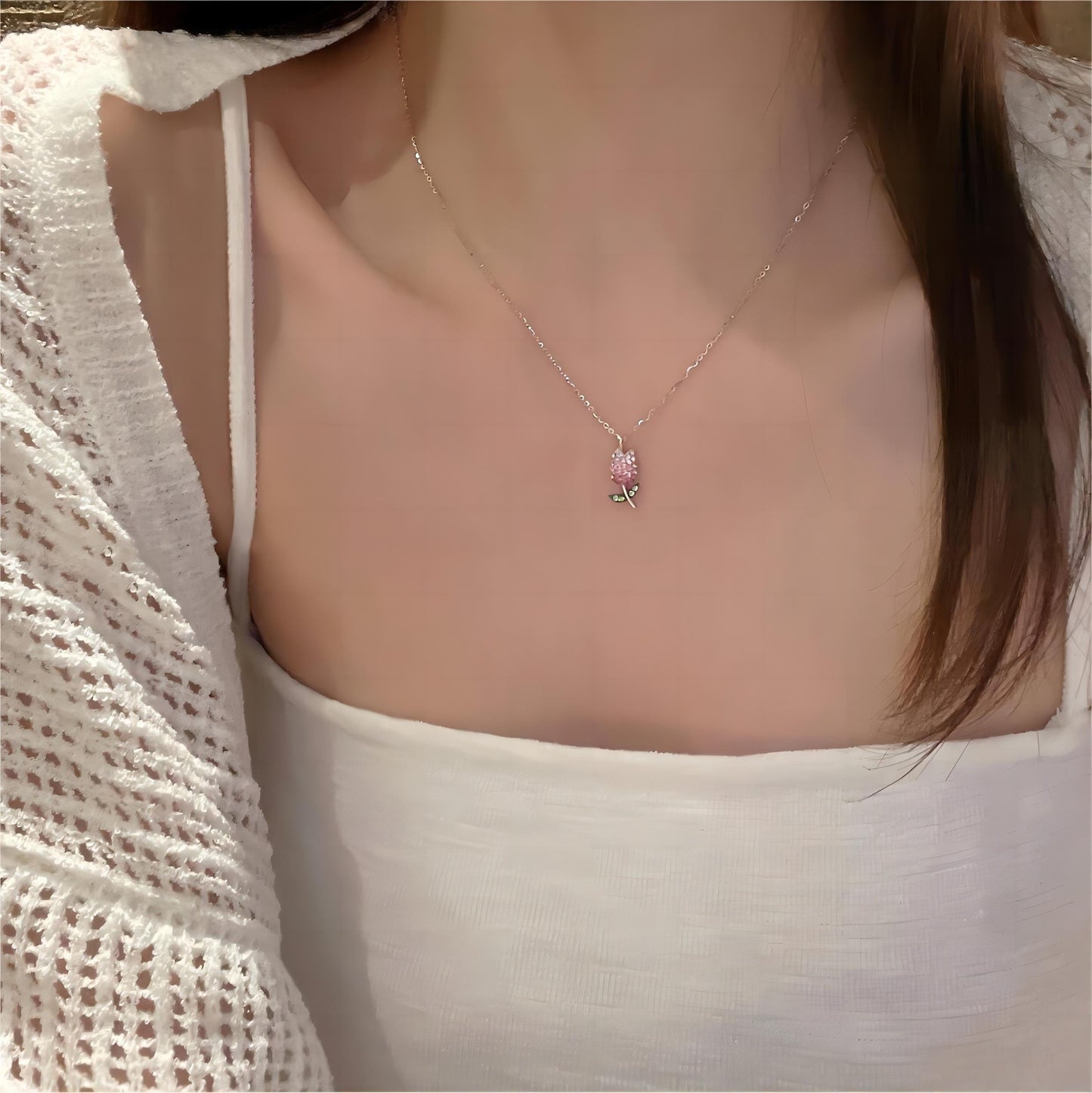 Sweet Pink Tulip Chain Necklace