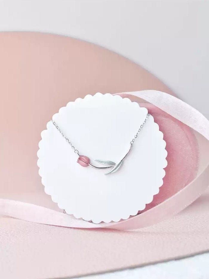 Collier chaîne tulipe rose en émail fait main