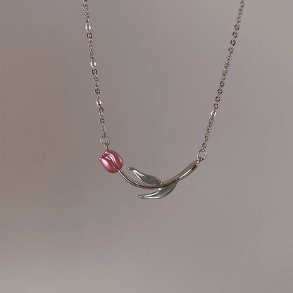 Collier chaîne tulipe rose en émail fait main