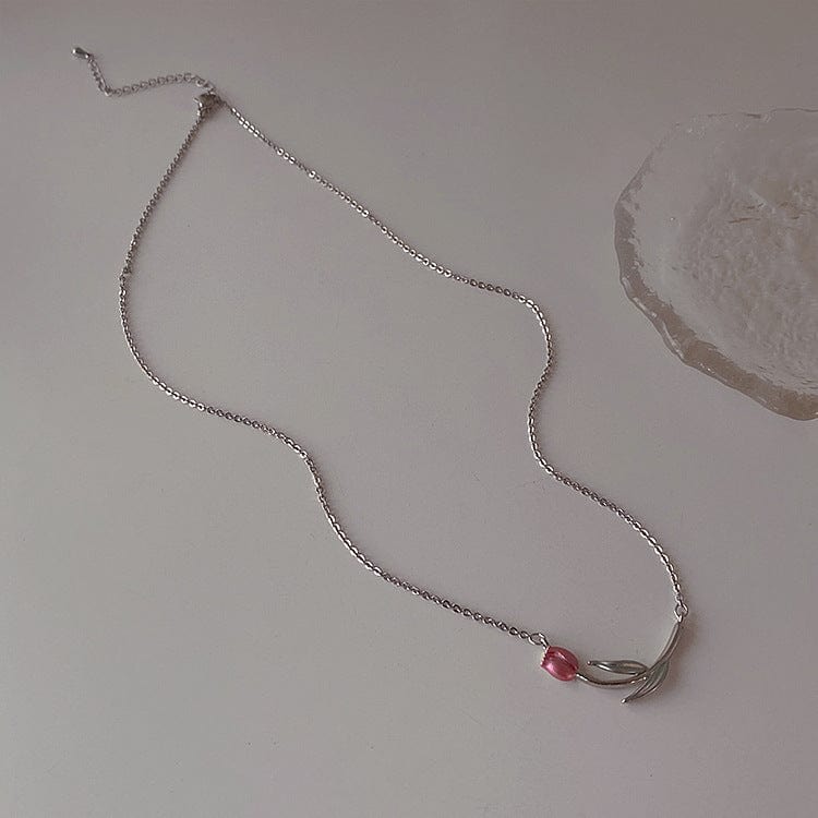 Collier chaîne tulipe rose en émail fait main