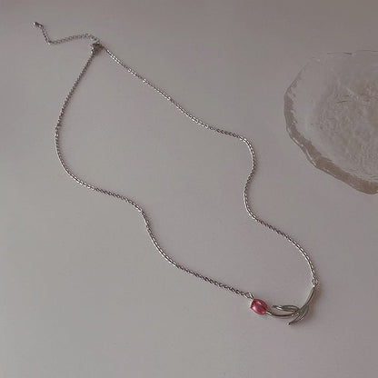 Collier chaîne tulipe rose en émail fait main