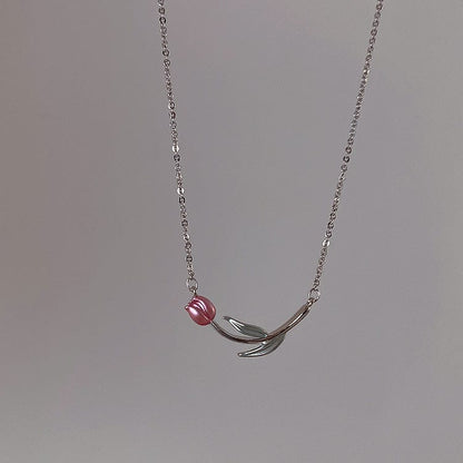 Collier chaîne tulipe rose en émail fait main