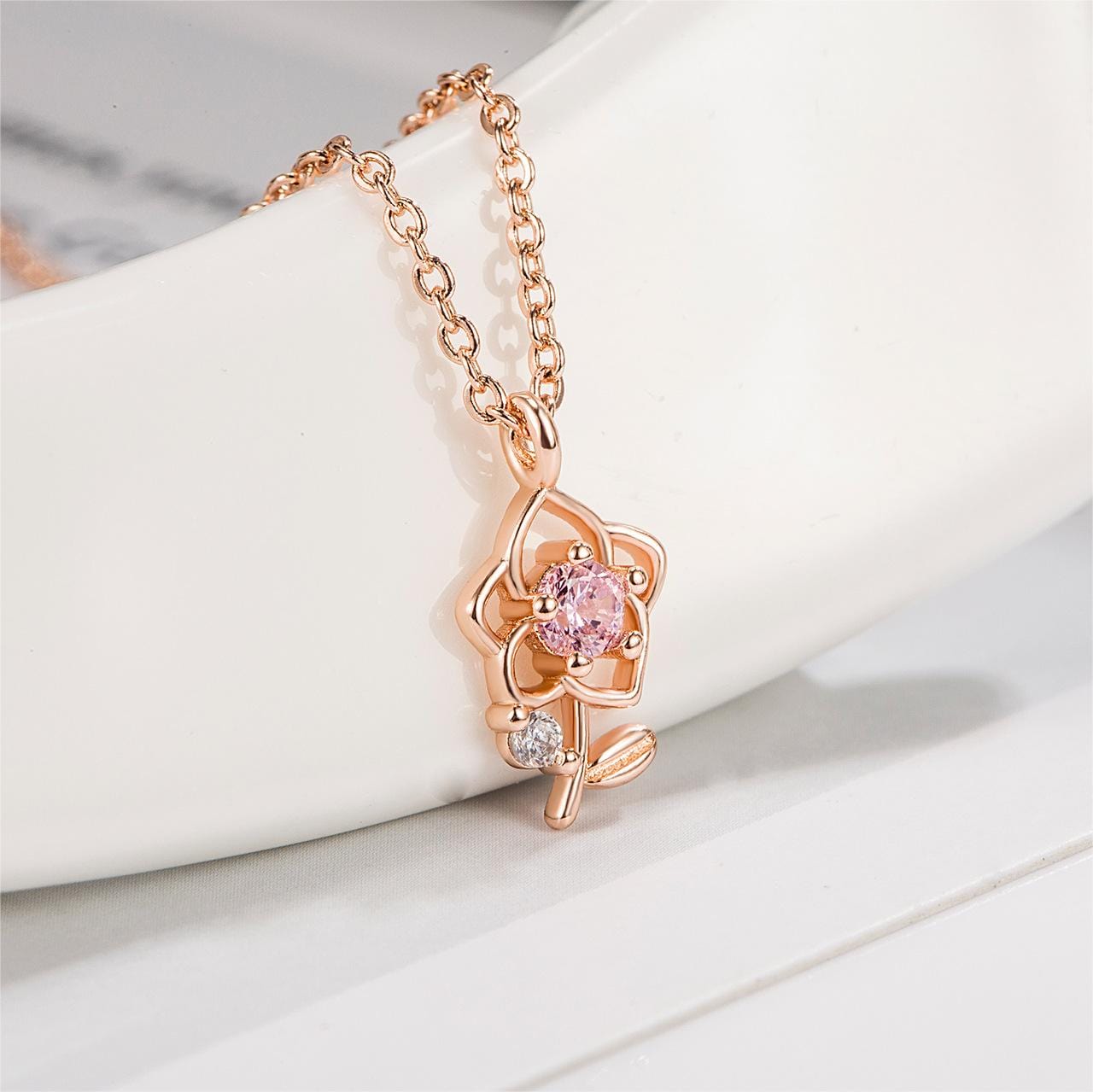 Trendy Pink Crystal Rose Pendant Necklace