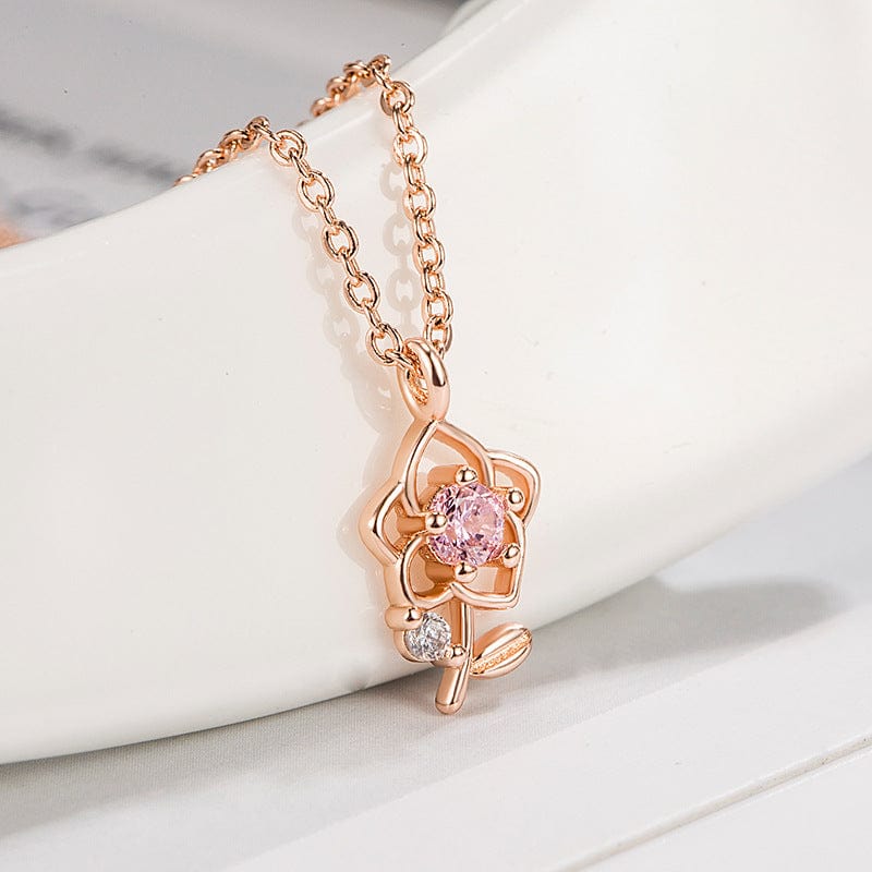 Trendy Pink Crystal Rose Pendant Necklace