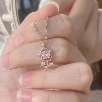 Trendy Pink Crystal Rose Pendant Necklace