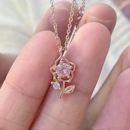 Trendy Pink Crystal Rose Pendant Necklace