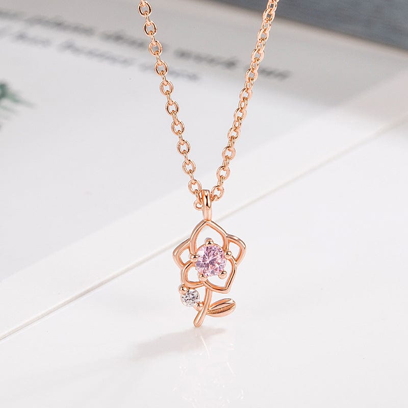 Trendy Pink Crystal Rose Pendant Necklace