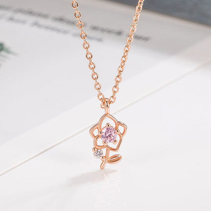 Trendy Pink Crystal Rose Pendant Necklace