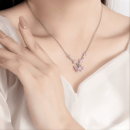 Dainty Pink Butterfly Pendant Cable Chain Necklace