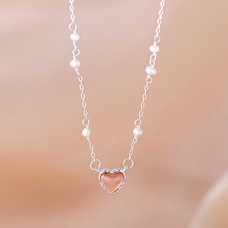 Trendy Sterling Silver Pearl Charm Heart Necklace