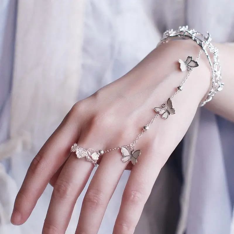 Kawaii dangling butterfly chain bracelet and ring silver ethereal fairycore