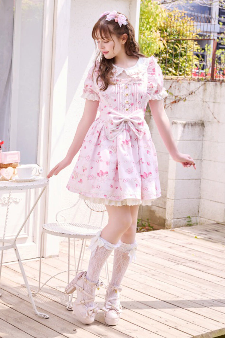 Creamy Berry Print Short Puff Sleeve Ruffle Lace-Up Jirai Kei Dress