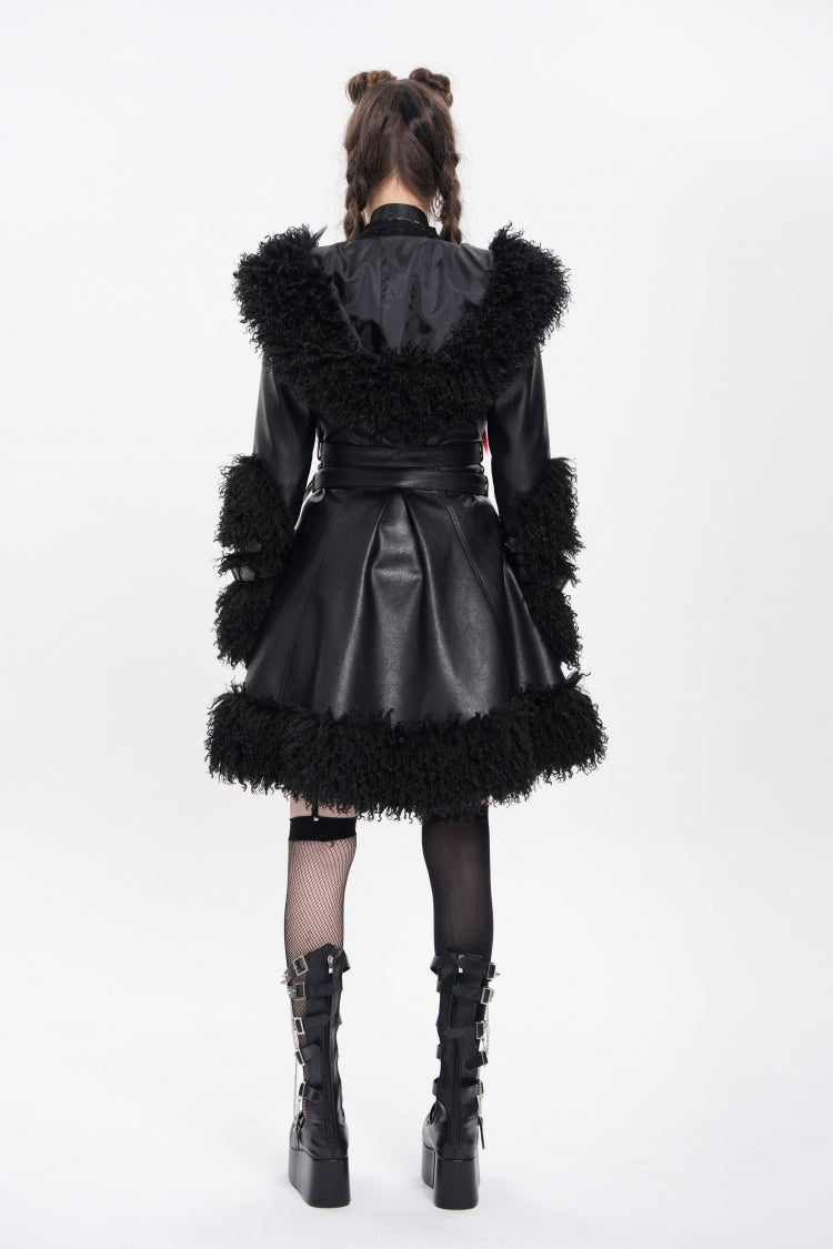 Women's Punk Coat with Plush Stitching, Buckle Straps and Hood, Long Sleeve