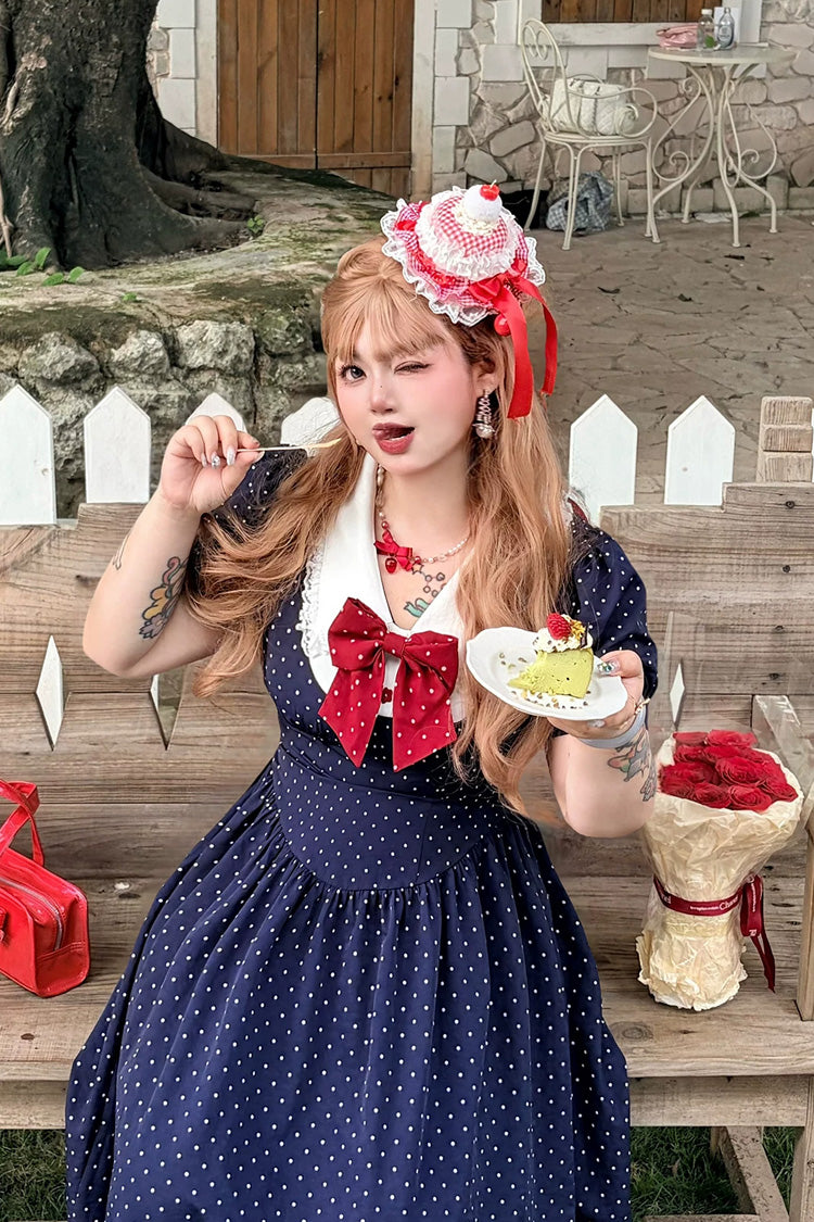 Polka Dot V-Neck Ruffled Bow Lace Plus-Size Preppy Dress