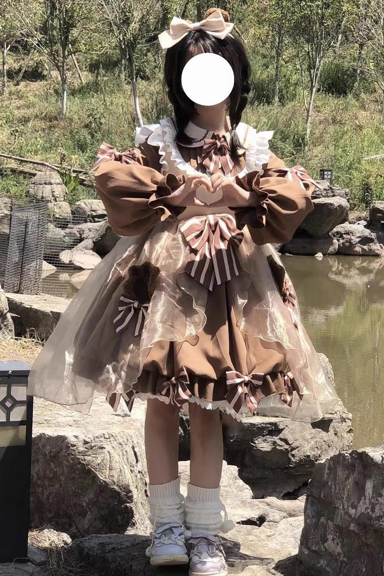 Sweet Lolita Dress with Bear, Long Sleeves, High Waisted Ruffle Bowknot in 3 Colors