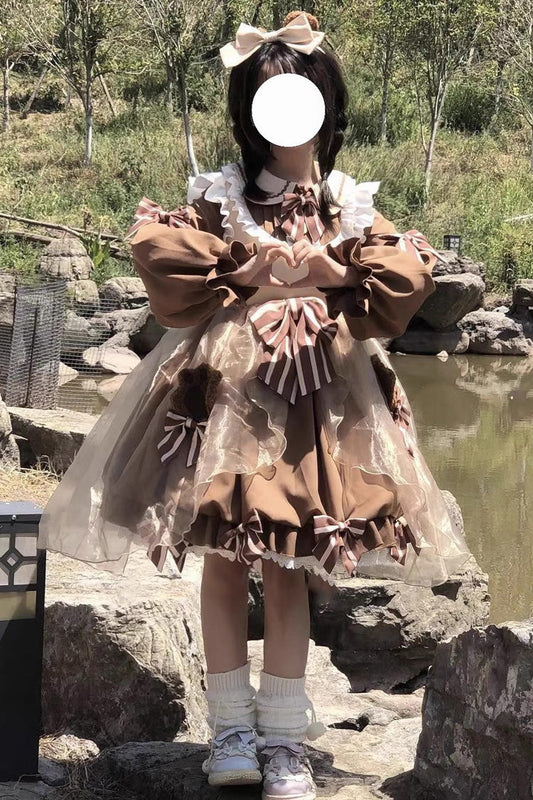 Sweet Lolita Dress with Bear, Long Sleeves, High Waisted Ruffle Bowknot in 3 Colors