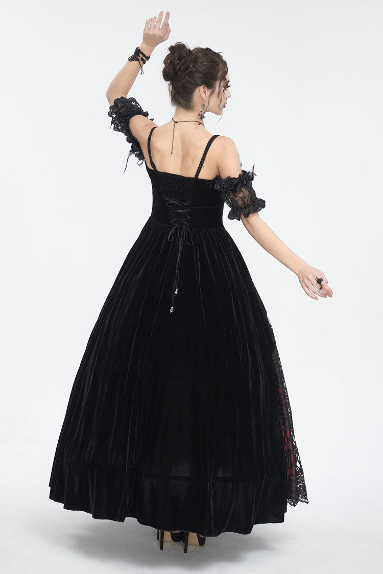 Crimson Gothic Dress with High Waist and Floral Lace Print