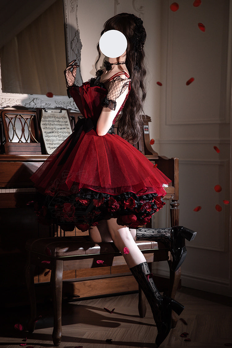 Burgundy Eternal Night Bouquet Sleeveless Ruffle Bow Sweet Princess Lolita Gown