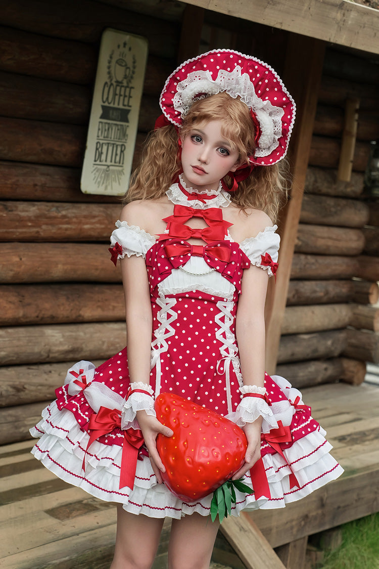 Wine Halterneck Polka-Dot Bow Lace-Up Sweet Lolita Frock